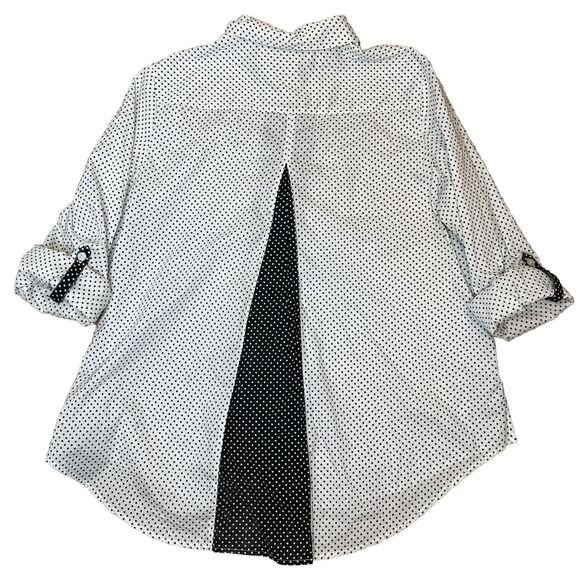 Chicos 2 Top Size 12 Large Black White Polkadot Button Down Shirt HiLow Roll Tab - Picture 1 of 10